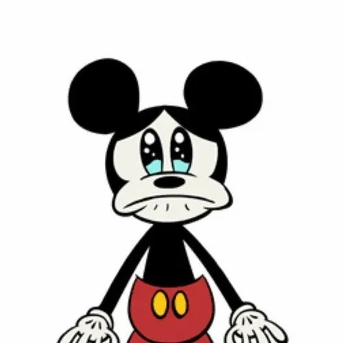 Chuột Mickey khóc cúi đầu tạo biểu cảm đau lòng nhưng vẫn dễ thương