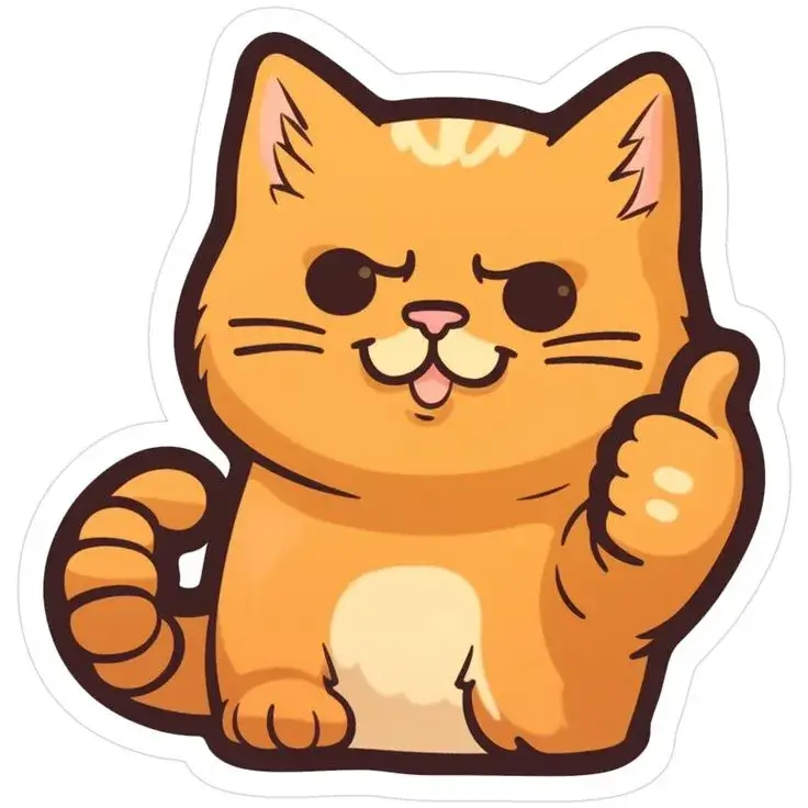 Gương mặt mèo chibi phấn khích, tay giơ oke đầy tán thành.