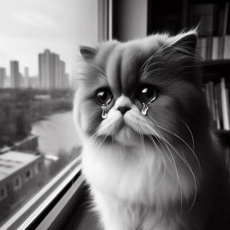 Mèo cúi đầu lặng lẽ, đôi mắt rưng rưng muốn nức nở.