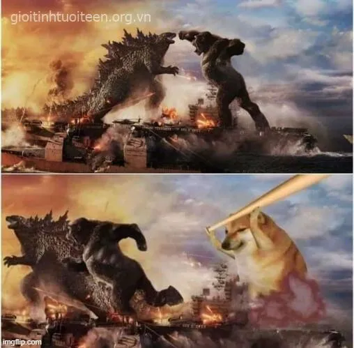 Chú chó Cheems cầm gậy đuổi đánh Godzilla và King Kong