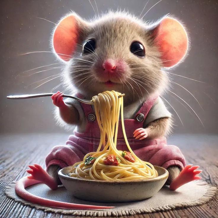 Hình con chuột đang ăn mỳ ý