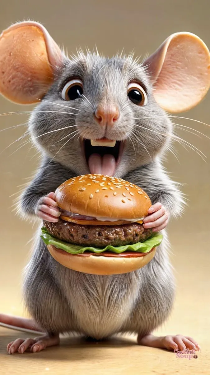 Meme con chuột đang ăn bánh hamburger