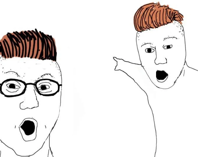 Meme hài nhóm chỉ tay ra sau cùng ánh mắt ngơ ngác