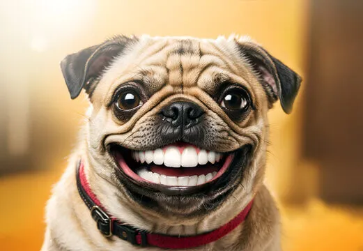 Meme chó Pug cười răng trắng, gương mặt sáng bừng.