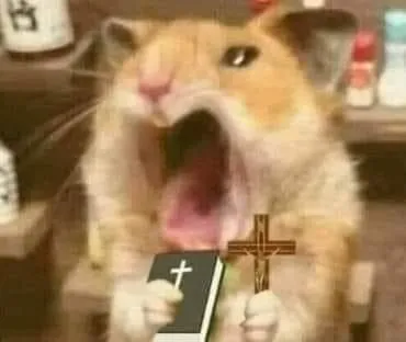 Ảnh Meme Chuột Hamster Cầm Thánh Giá hài hước khi hoảng hốt sợ sệt những gì kinh hãi