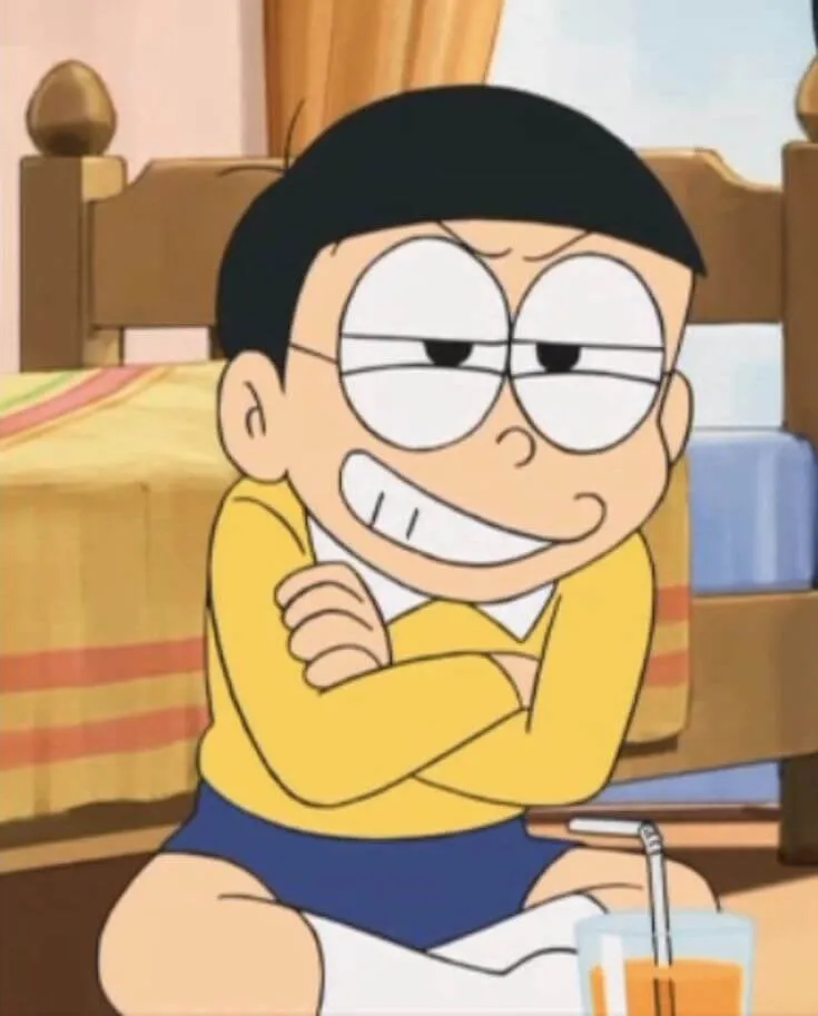 Biểu cảm Nobita cười đểu, ánh mắt đầy mỉa mai.