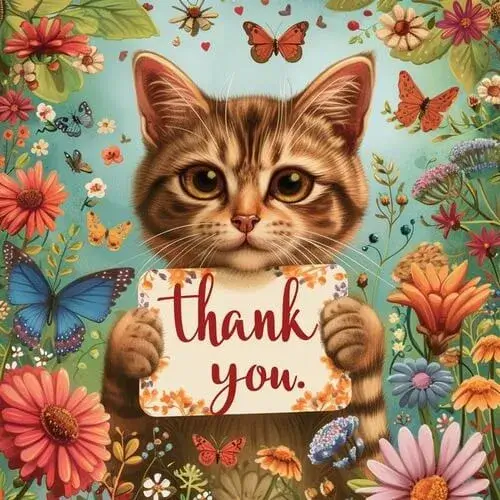 Mèo ngồi ngoan ngoãn, ánh nhìn biết ơn.