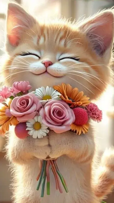 Meme mèo tặng hoa cảm kích với đôi mắt to tròn.