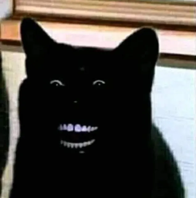 Gương mặt mèo đenthui cười lòi răng, cực kỳ hài hước.