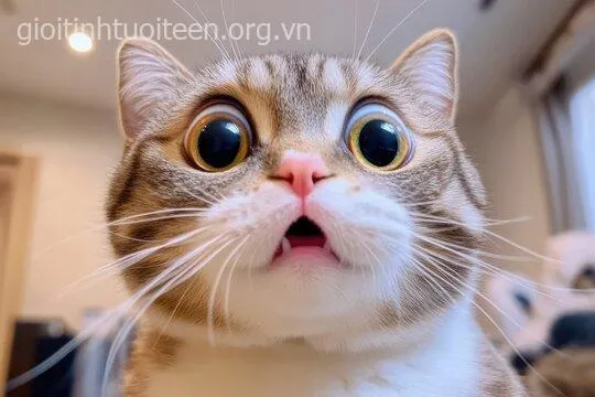 Ảnh vui mèo ngáo nhìn phông nền phòng ngủ.