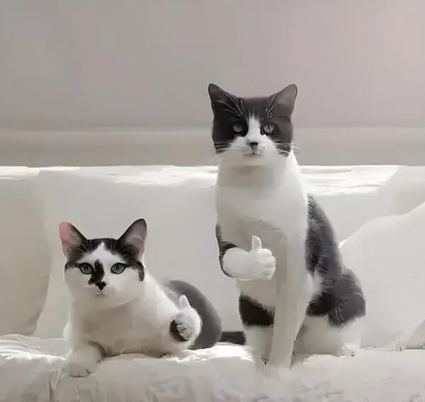 Biểu cảm mèo hớn hở, giơ ngón cái đầy cổ vũ.