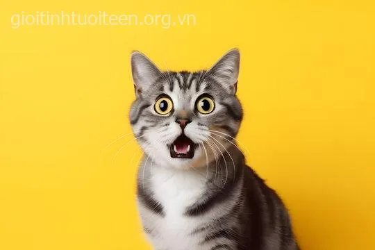 Meme hài mèo selfie giữa ánh sáng cam mờ ảo.