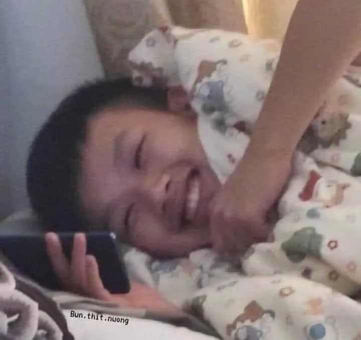 Meme nằm xem điện thoại mỉm cười thể hiện niềm vui nhẹ nhàng