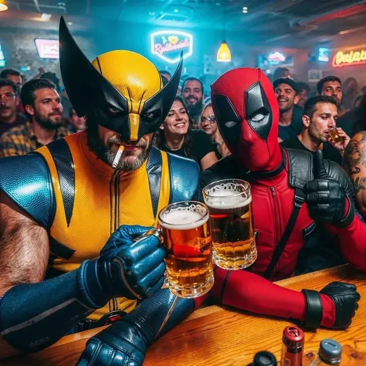 Người Sói và Deadpool nhậu say khướt ôm vai bá cổ bạn.