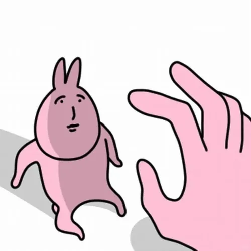 Meme troll thỏ hồng đang chỉ tay, biểu cảm trách nhẹ “bạn đấy”