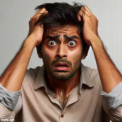 Hình meme mất vía với chi tiết mồ hôi lạnh và đôi mắt trừng