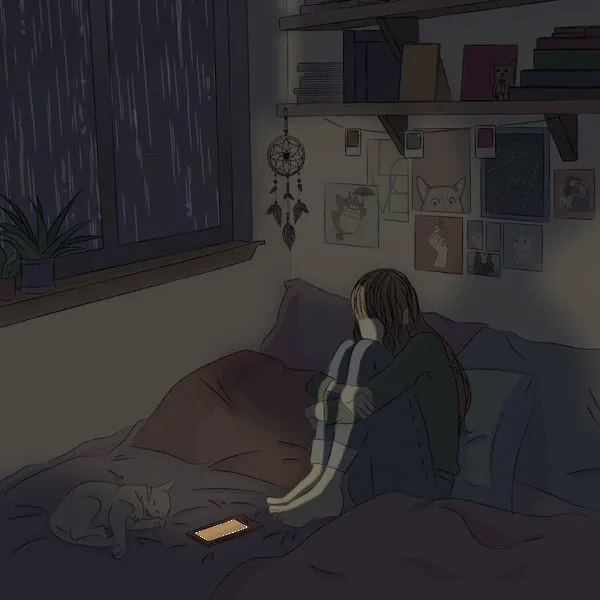 Meme buồn trong khung cửa hẹp nhìn trời xám.