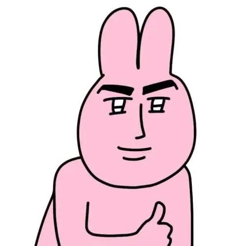 Meme thỏ hồng nhảy múa giữa nền hồng, nụ cười sáng rực