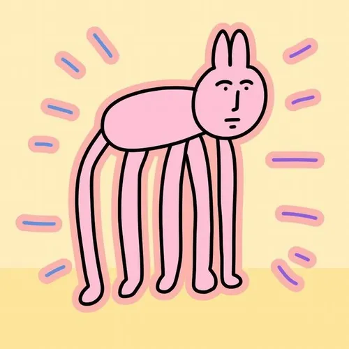 Meme vui thỏ hồng đứng giữa đám đông, mặt lạc lõng dễ thương