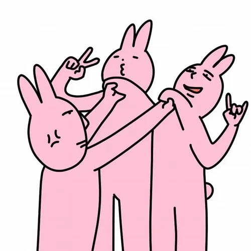 Meme hài thỏ hồng đứng dựa tường, biểu cảm bất lực đáng yêu