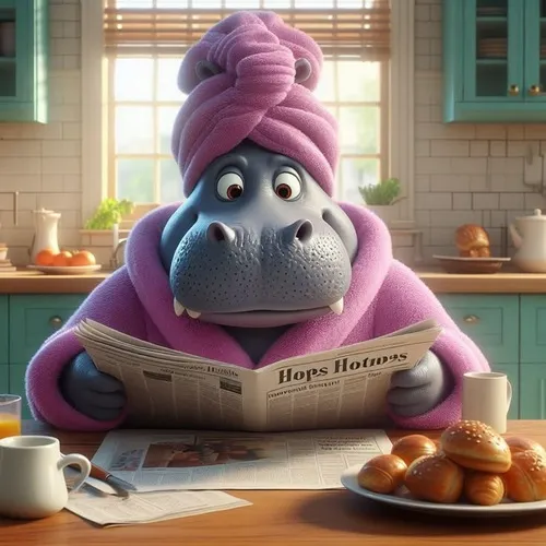 Hà mã ngồi bên dĩa bánh donut